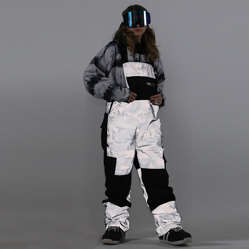 New backpack ski pants men single board double board waterproof color blocking luminous snow pants female ski equipment